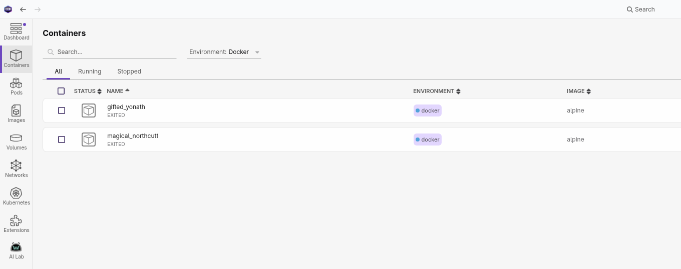 Environment filter showing Docker resources