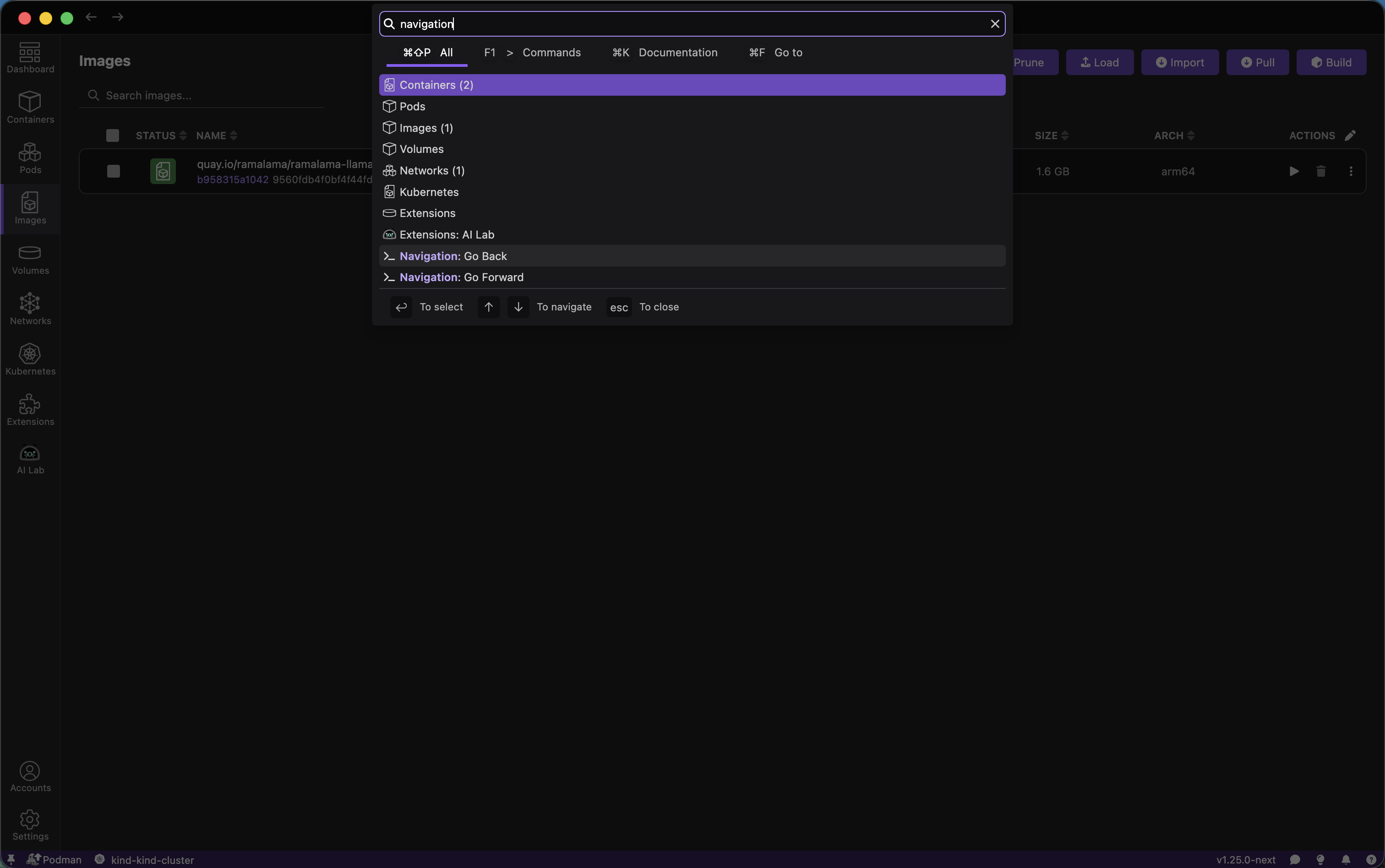 Navigation history controls command palette